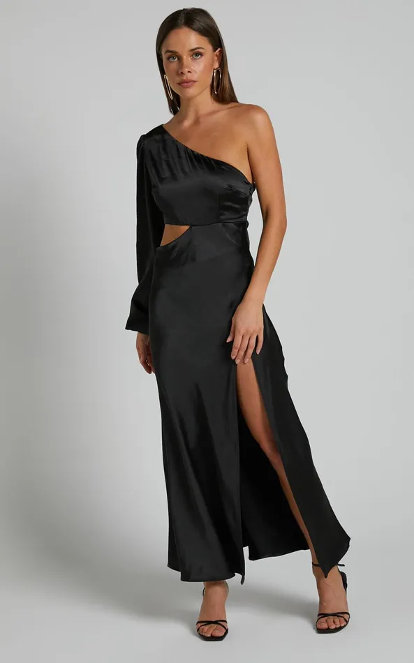 Showpo Arichie Midi Dress 8211 Cut Out One Shoulder Balloon Sleeve Dress In Black Women Dresses