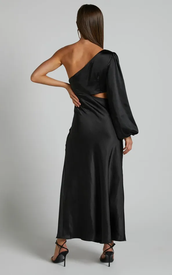 Showpo Arichie Midi Dress 8211 Cut Out One Shoulder Balloon Sleeve Dress In Black Women Dresses