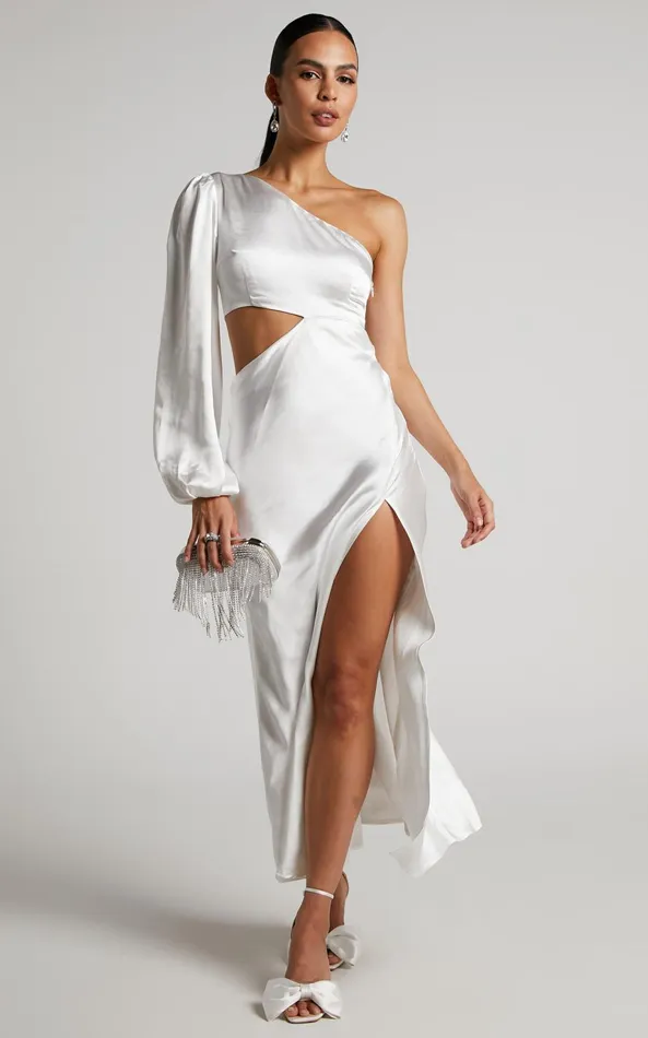 Showpo Arichie Midi Dress 8211 Cut Out One Shoulder Balloon Sleeve Dress In White Women Curve Clothes