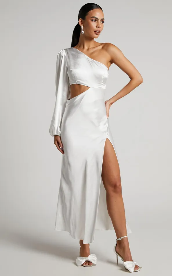 Showpo Arichie Midi Dress 8211 Cut Out One Shoulder Balloon Sleeve Dress In White Women Curve Clothes