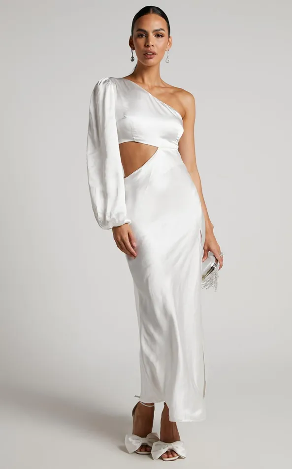Showpo Arichie Midi Dress 8211 Cut Out One Shoulder Balloon Sleeve Dress In White Women Curve Clothes