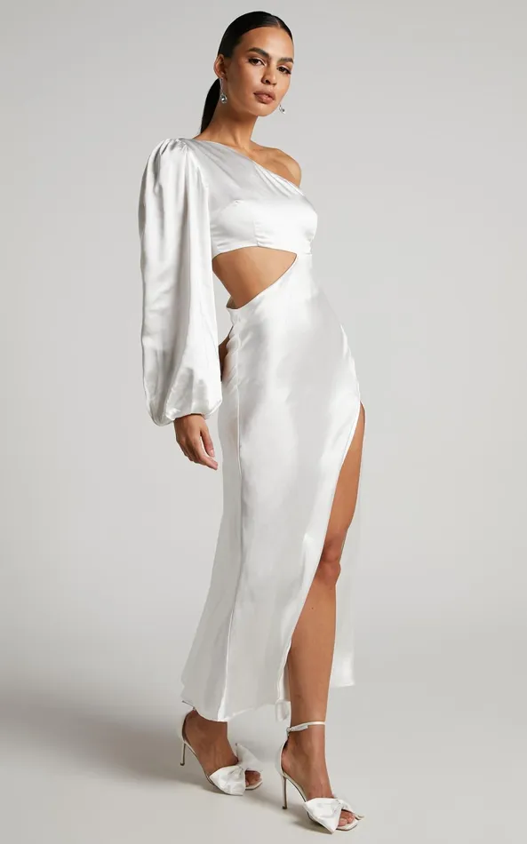Showpo Arichie Midi Dress 8211 Cut Out One Shoulder Balloon Sleeve Dress In White Women Curve Clothes