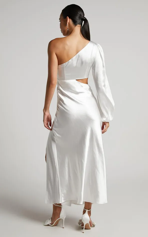 Showpo Arichie Midi Dress 8211 Cut Out One Shoulder Balloon Sleeve Dress In White Women Curve Clothes
