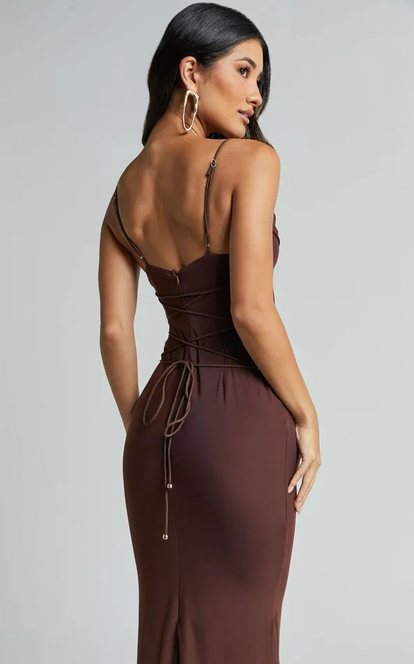 Showpo Ariel Midi Dress 8211 Mesh Bodycon Tie Detail Dress In Chocolate Women Dresses