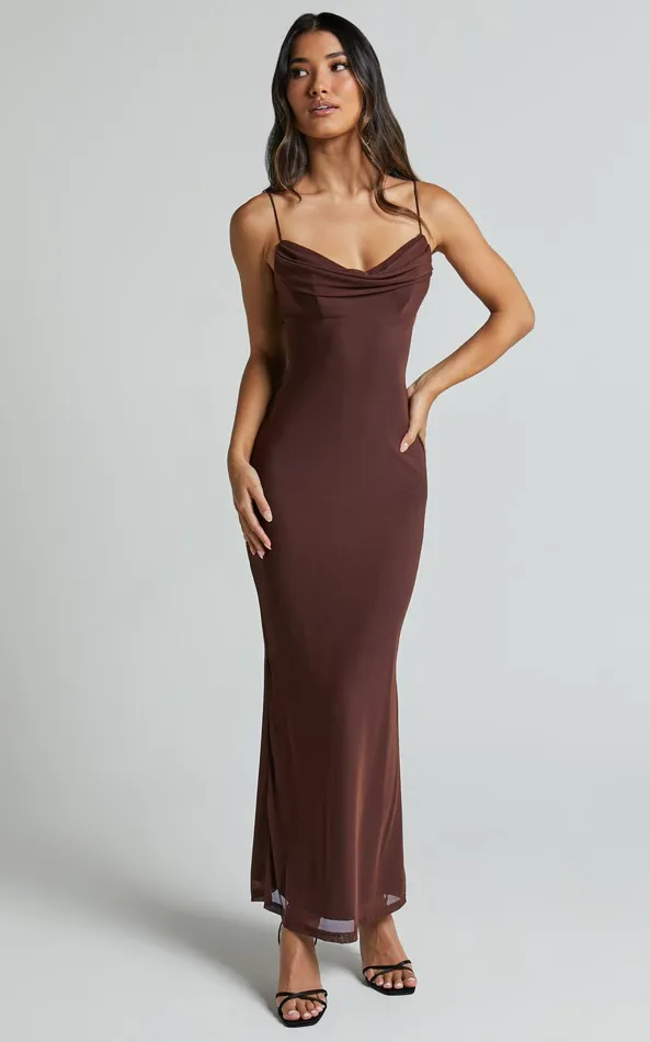 Showpo Ariel Midi Dress 8211 Mesh Bodycon Tie Detail Dress In Chocolate Women Dresses