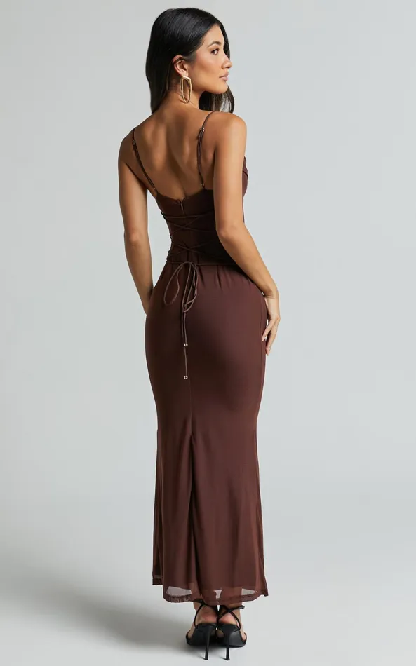 Showpo Ariel Midi Dress 8211 Mesh Bodycon Tie Detail Dress In Chocolate Women Dresses