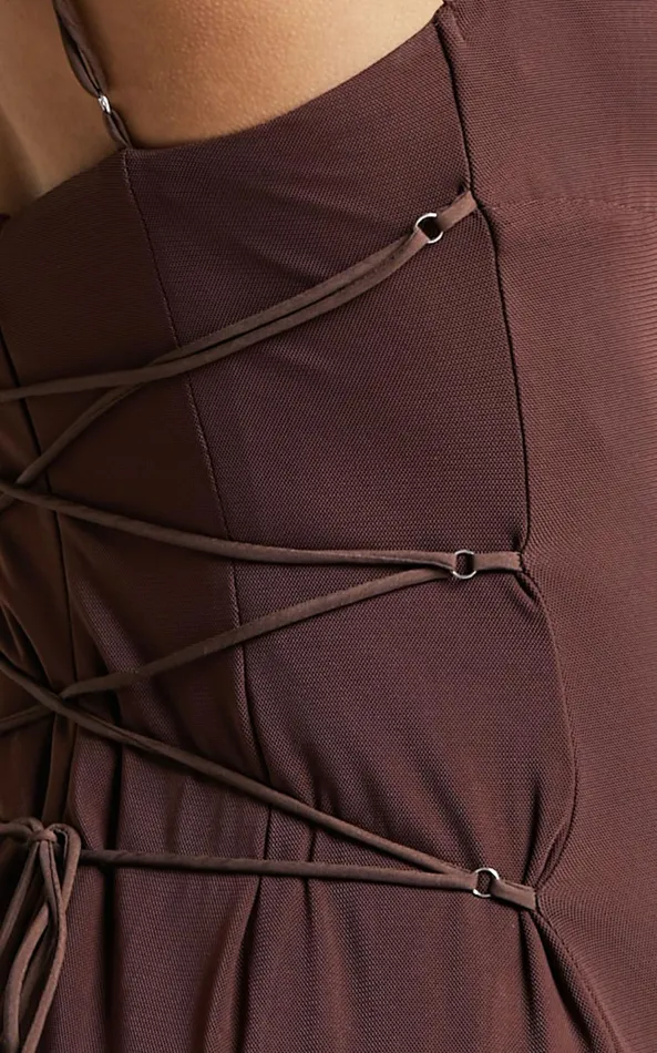 Showpo Ariel Midi Dress 8211 Mesh Bodycon Tie Detail Dress In Chocolate Women Dresses