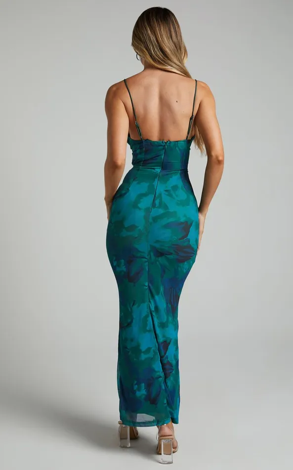 Showpo Ariel Midi Dress 8211 Mesh Bodycon Tie Detail Dress In Green Blur Women Dresses