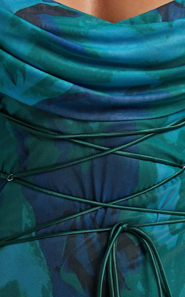 Showpo Ariel Midi Dress 8211 Mesh Bodycon Tie Detail Dress In Green Blur Women Dresses