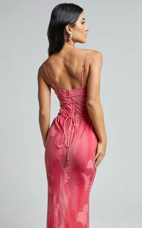 Showpo Ariel Midi Dress 8211 Mesh Bodycon Tie Detail Dress In Pink Women Dresses