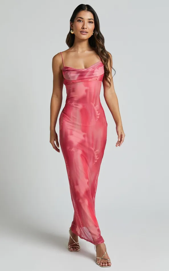 Showpo Ariel Midi Dress 8211 Mesh Bodycon Tie Detail Dress In Pink Women Dresses