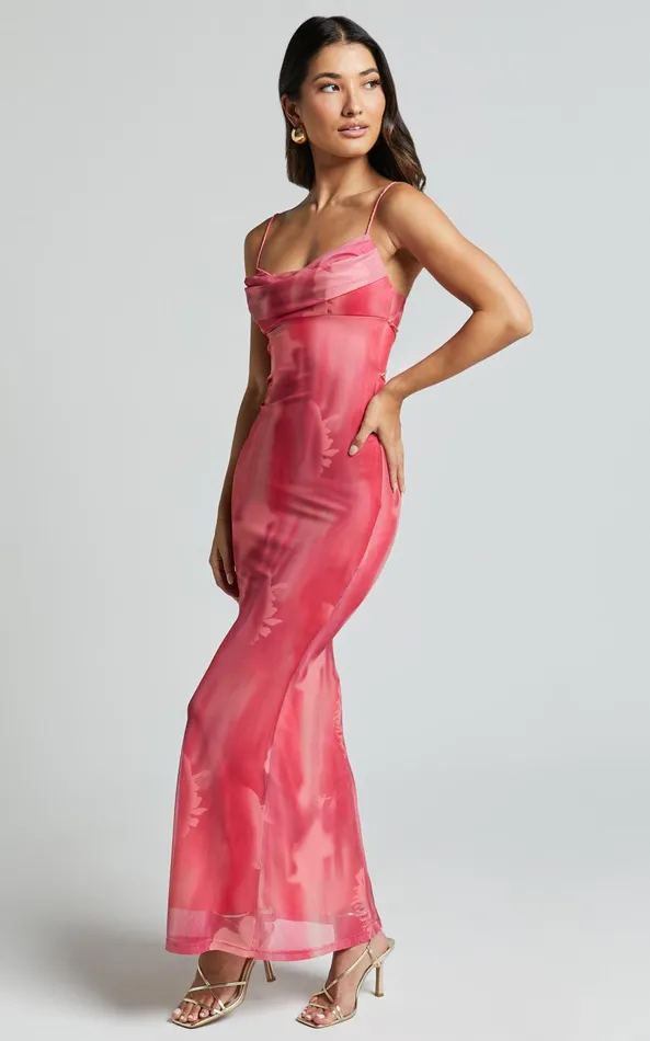 Showpo Ariel Midi Dress 8211 Mesh Bodycon Tie Detail Dress In Pink Women Dresses