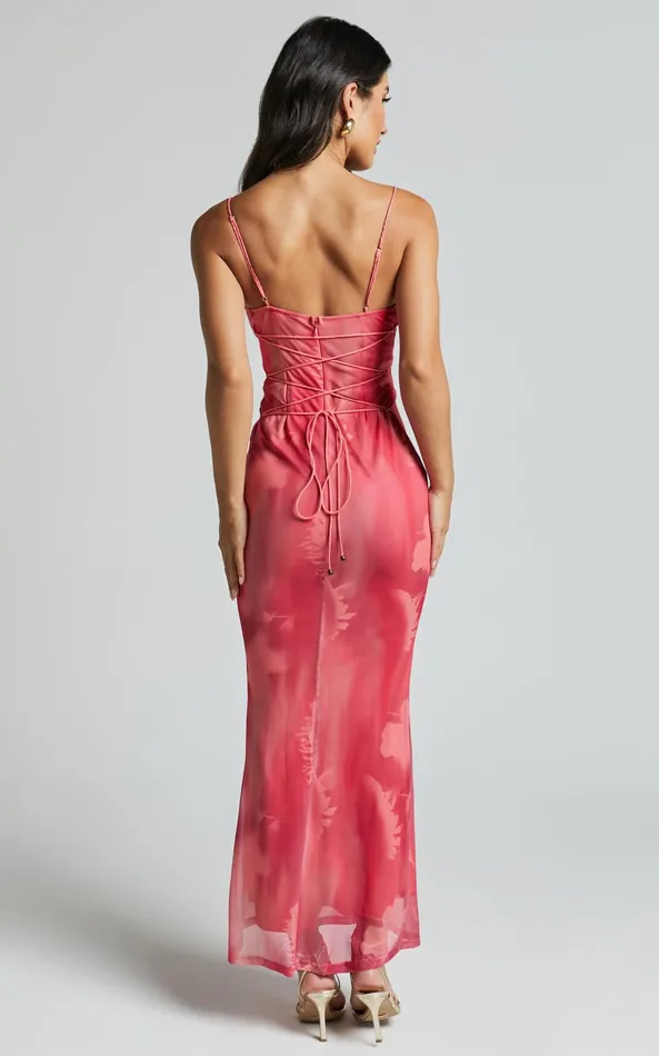 Showpo Ariel Midi Dress 8211 Mesh Bodycon Tie Detail Dress In Pink Women Dresses