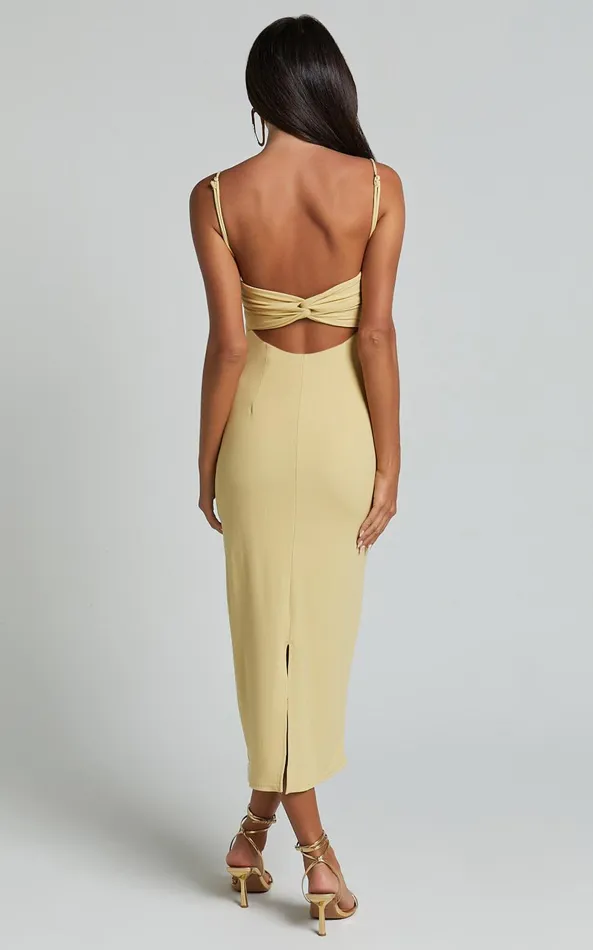 Showpo Ariella Midi Dress 8211 Strappy Cut Out Back Split Dress In Lemon Women Dresses