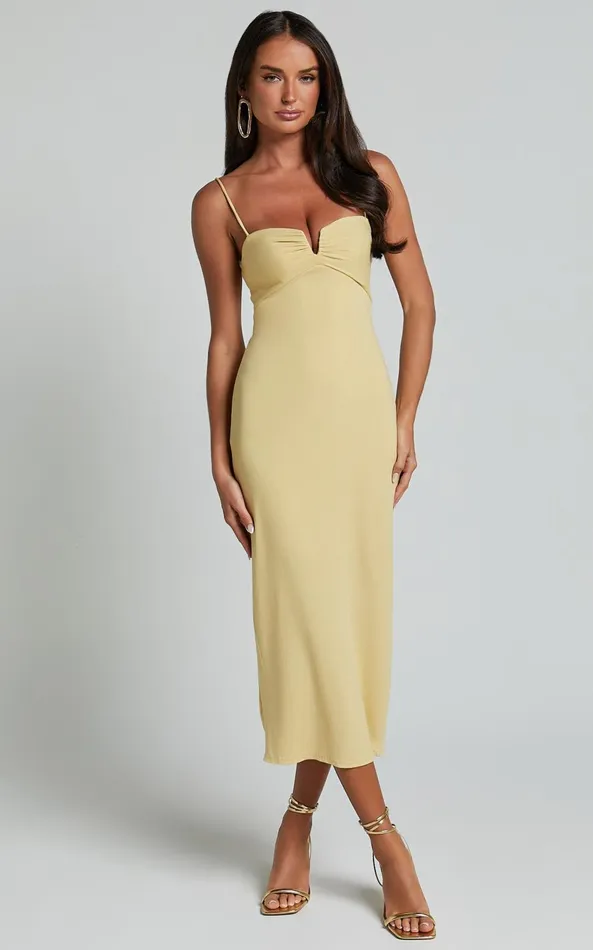 Showpo Ariella Midi Dress 8211 Strappy Cut Out Back Split Dress In Lemon Women Dresses