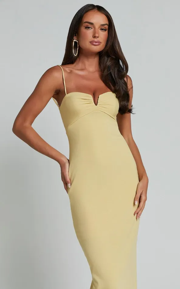 Showpo Ariella Midi Dress 8211 Strappy Cut Out Back Split Dress In Lemon Women Dresses