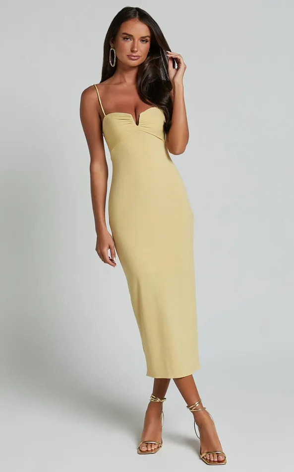 Showpo Ariella Midi Dress 8211 Strappy Cut Out Back Split Dress In Lemon Women Dresses