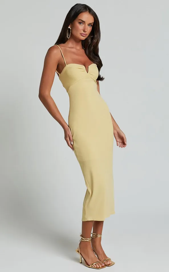 Showpo Ariella Midi Dress 8211 Strappy Cut Out Back Split Dress In Lemon Women Dresses