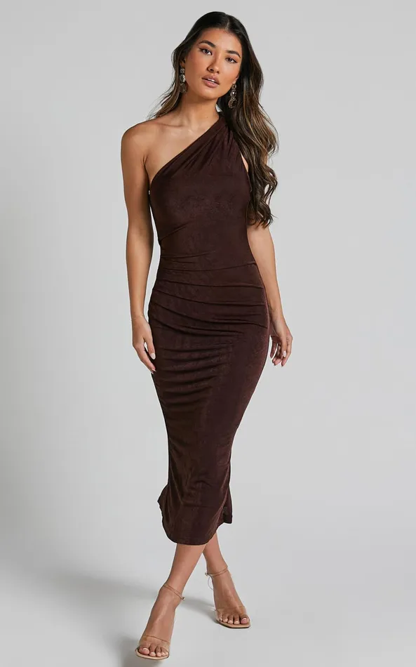Showpo Arietty Midi Dress 8211 One Shoulder Asymmetrical Ruched Dress In Chocolate Women Dresses