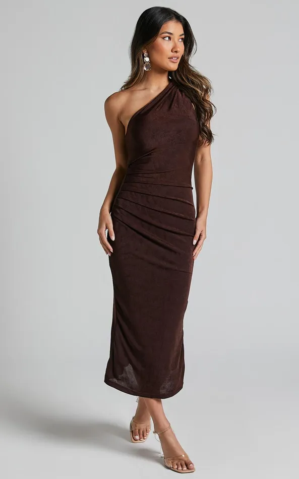 Showpo Arietty Midi Dress 8211 One Shoulder Asymmetrical Ruched Dress In Chocolate Women Dresses