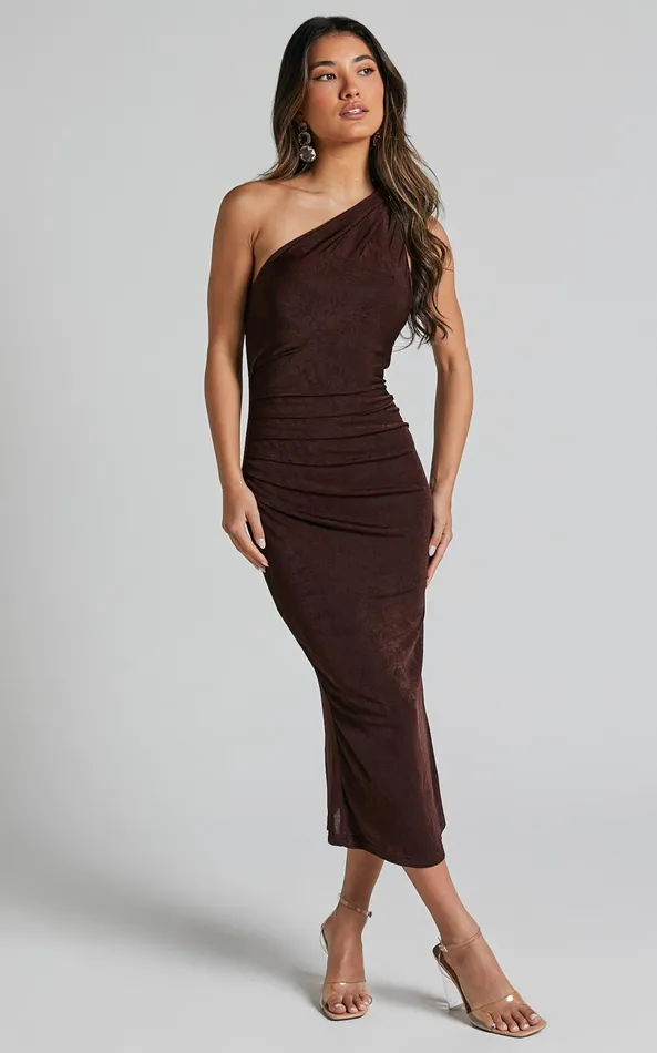 Showpo Arietty Midi Dress 8211 One Shoulder Asymmetrical Ruched Dress In Chocolate Women Dresses