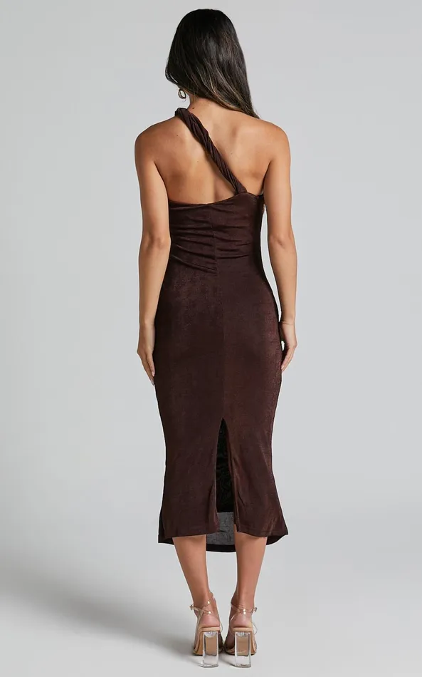 Showpo Arietty Midi Dress 8211 One Shoulder Asymmetrical Ruched Dress In Chocolate Women Dresses