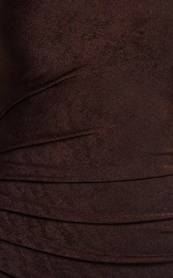 Showpo Arietty Midi Dress 8211 One Shoulder Asymmetrical Ruched Dress In Chocolate Women Dresses
