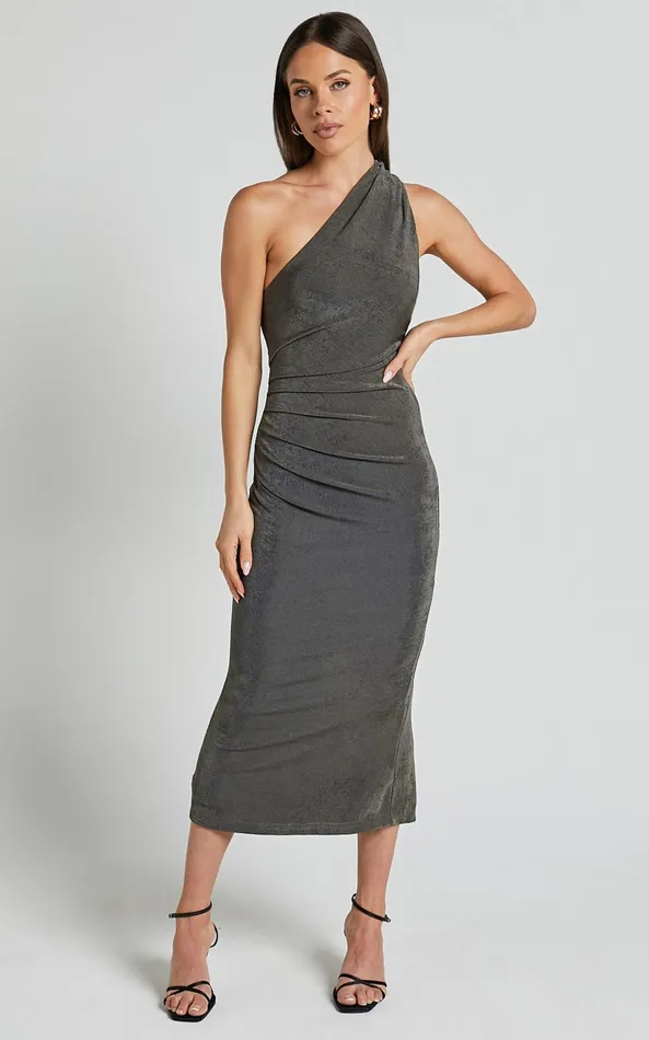 Showpo Arietty Midi Dress 8211 One Shoulder Asymmetrical Ruched Dress In Olive Women Dresses