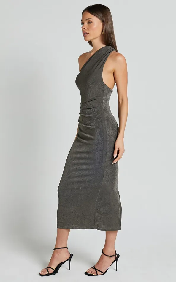 Showpo Arietty Midi Dress 8211 One Shoulder Asymmetrical Ruched Dress In Olive Women Dresses