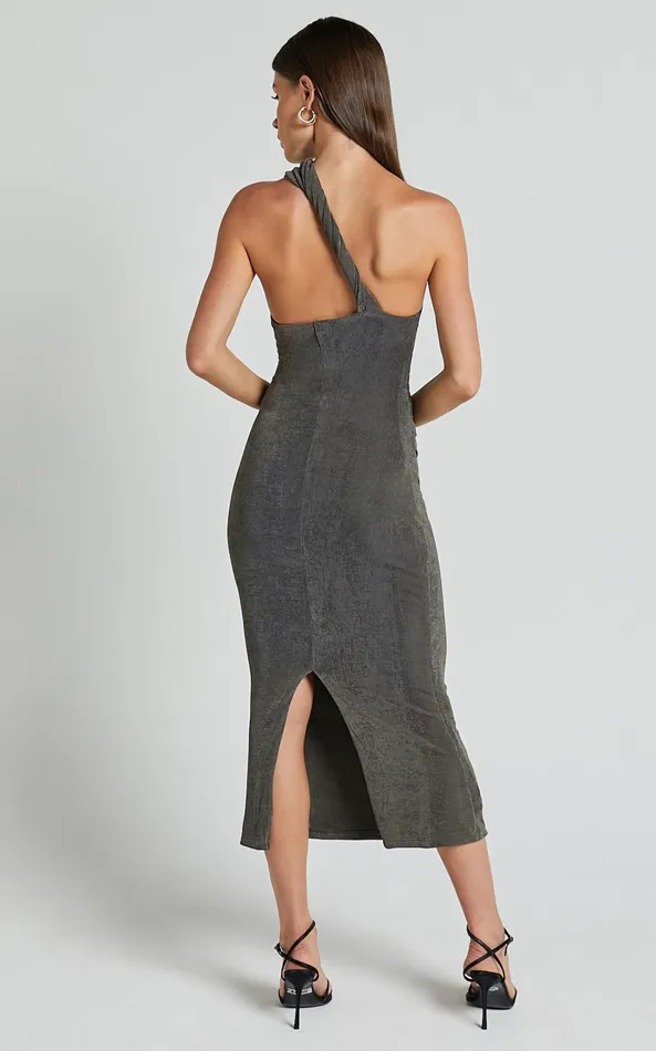 Showpo Arietty Midi Dress 8211 One Shoulder Asymmetrical Ruched Dress In Olive Women Dresses
