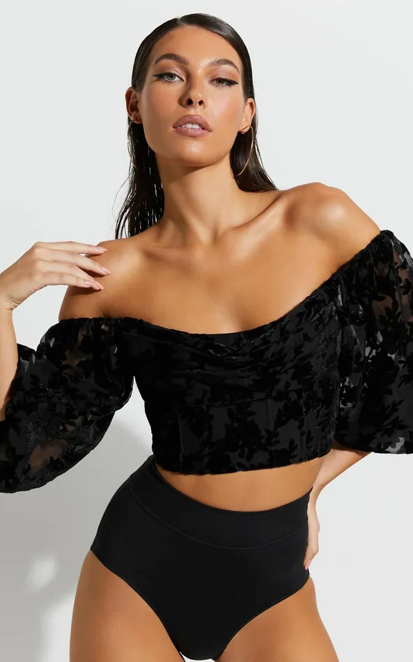 Showpo Arisa Top 8211 Off Shoulder Velvet Burnout Long Sleeve Top In Black Women Tops Showpo Arisa Top 8211 Off Shoulder Velvet Burnout Long Sleeve Top In Black Women Tops