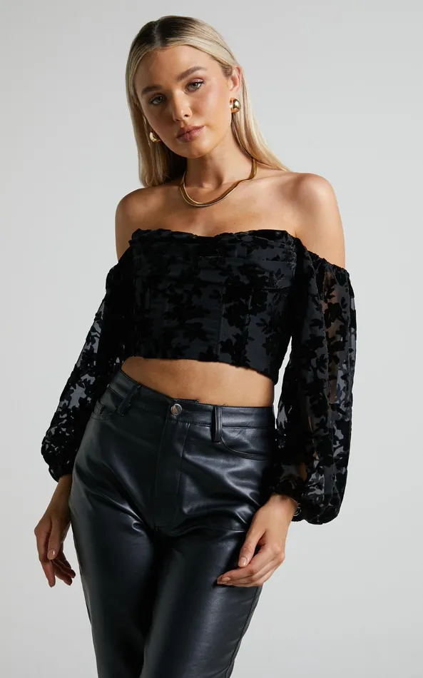 Showpo Arisa Top 8211 Off Shoulder Velvet Burnout Long Sleeve Top In Black Women Tops Showpo Arisa Top 8211 Off Shoulder Velvet Burnout Long Sleeve Top In Black Women Tops