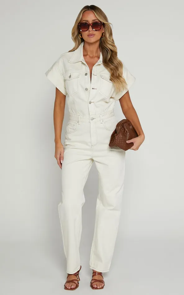 Showpo Ariya Jumpsuit 8211 Recycled Cotton Denim Jumpsuit In Ecru Women Jumpsuits