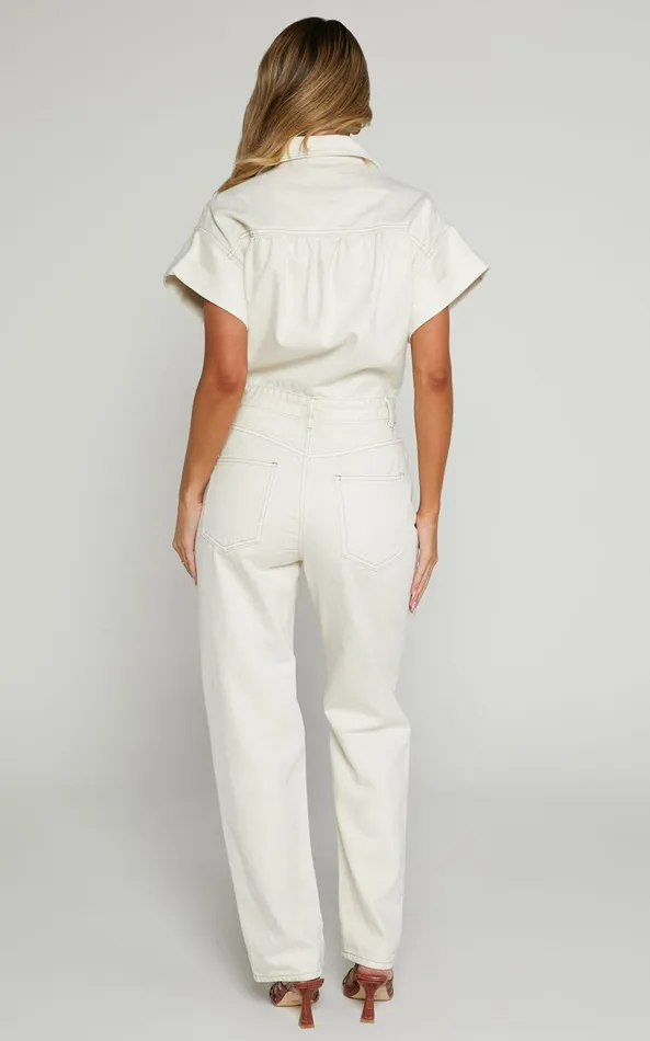 Showpo Ariya Jumpsuit 8211 Recycled Cotton Denim Jumpsuit In Ecru Women Jumpsuits