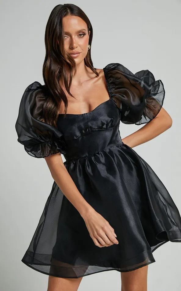 Showpo Ariya Mini Dress 8211 Organza Puff Sleeve Dress In Black Women Dresses