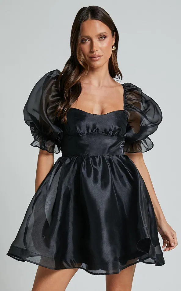 Showpo Ariya Mini Dress 8211 Organza Puff Sleeve Dress In Black Women Dresses