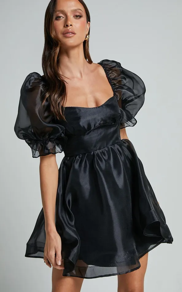 Showpo Ariya Mini Dress 8211 Organza Puff Sleeve Dress In Black Women Dresses