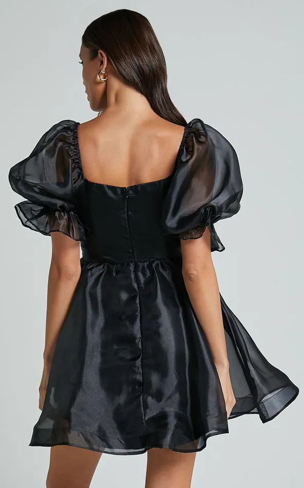 Showpo Ariya Mini Dress 8211 Organza Puff Sleeve Dress In Black Women Dresses