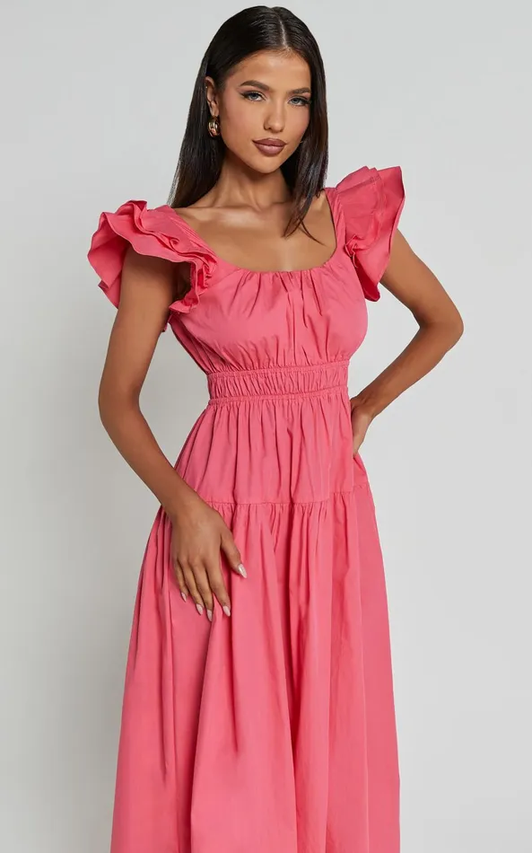 Showpo Arlene Midi Dress 8211 Square Neck Shoulder Frill Tiered Dress In Berry Women Dresses