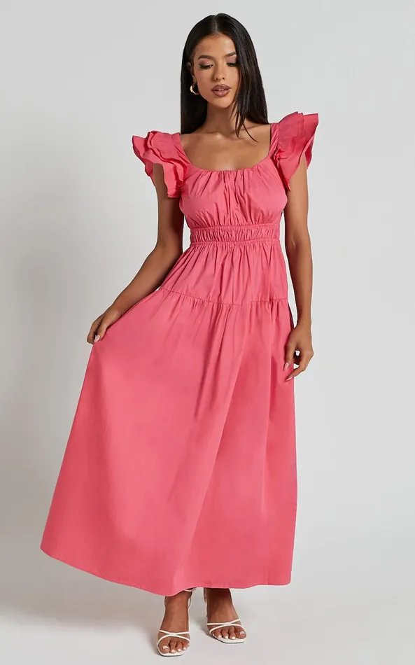 Showpo Arlene Midi Dress 8211 Square Neck Shoulder Frill Tiered Dress In Berry Women Dresses