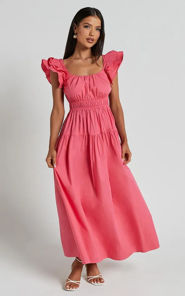 Showpo Arlene Midi Dress 8211 Square Neck Shoulder Frill Tiered Dress In Berry Women Dresses