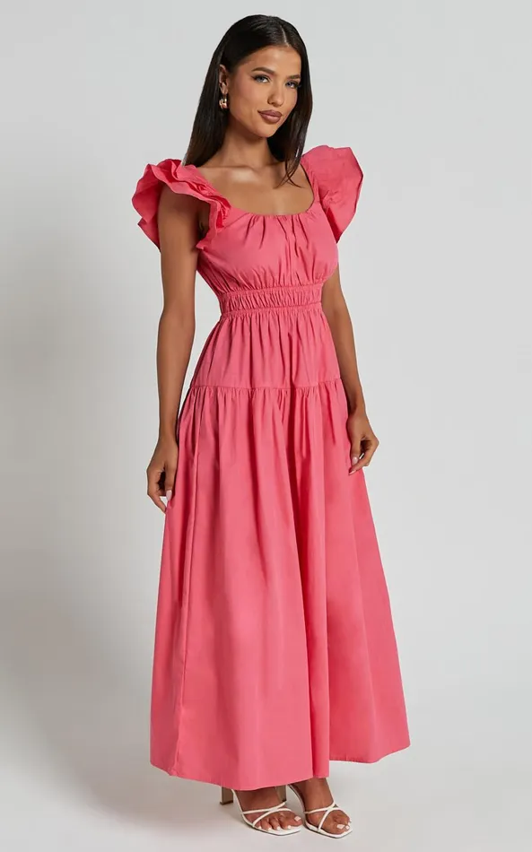Showpo Arlene Midi Dress 8211 Square Neck Shoulder Frill Tiered Dress In Berry Women Dresses