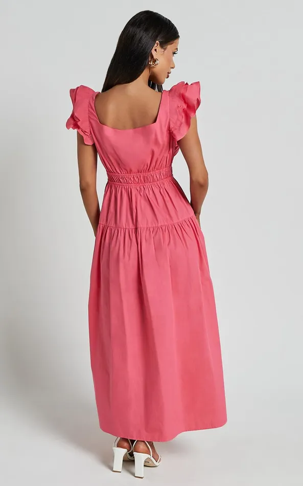 Showpo Arlene Midi Dress 8211 Square Neck Shoulder Frill Tiered Dress In Berry Women Dresses