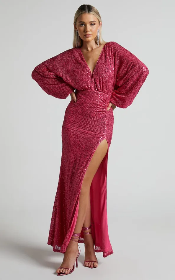 Showpo Arlington Midi Dress 8211 Sequin Long Sleeve Dress In Hot Pink Women Curve Clothes