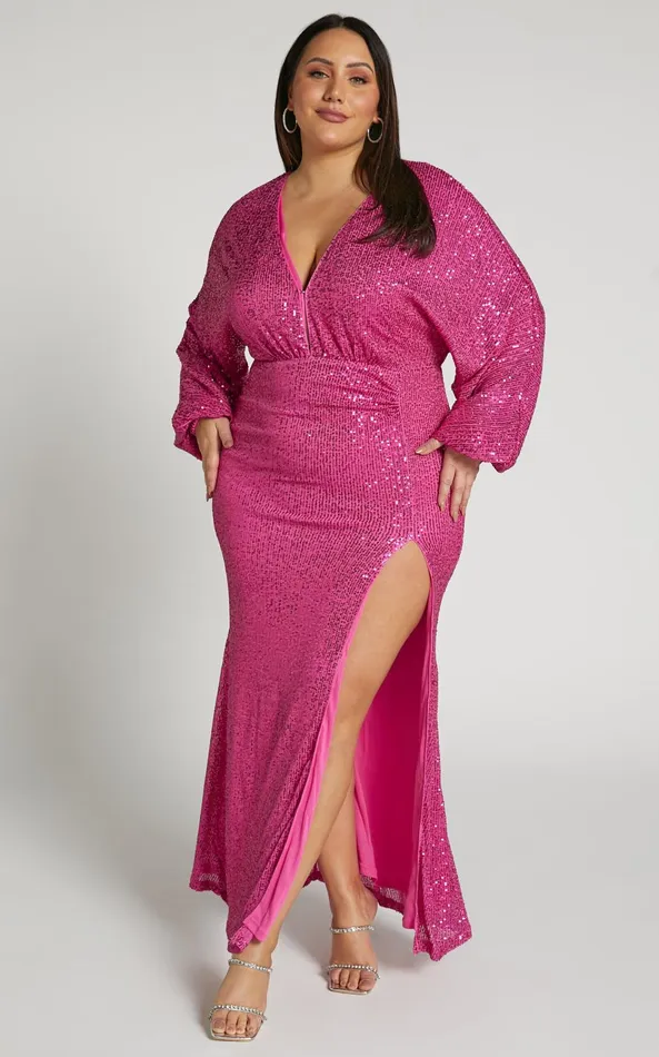 Showpo Arlington Midi Dress 8211 Sequin Long Sleeve Dress In Hot Pink Women Curve Clothes