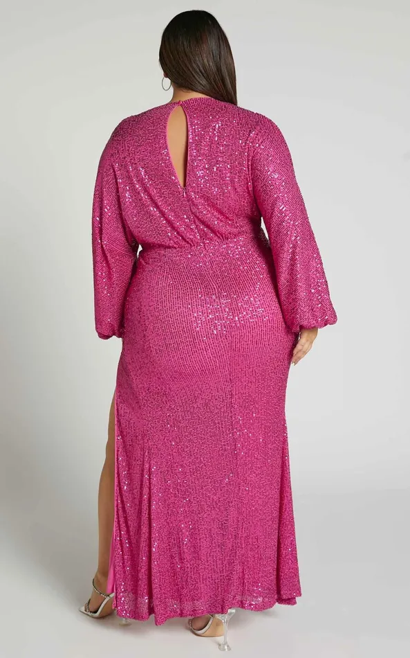 Showpo Arlington Midi Dress 8211 Sequin Long Sleeve Dress In Hot Pink Women Curve Clothes