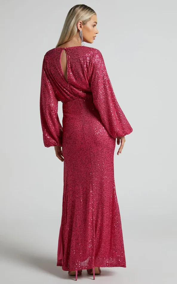 Showpo Arlington Midi Dress 8211 Sequin Long Sleeve Dress In Hot Pink Women Curve Clothes