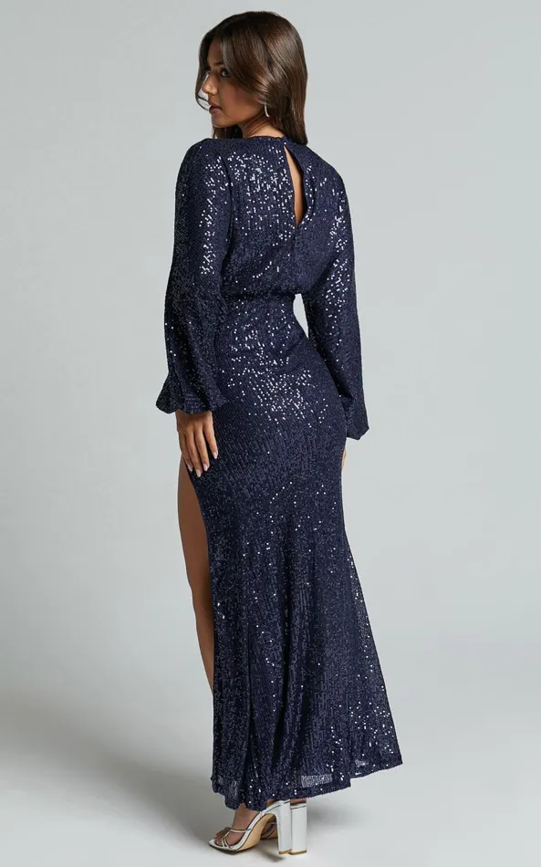 Showpo Arlington Midi Dress 8211 Sequin Long Sleeve Dress In Midnight Navy Women Dresses
