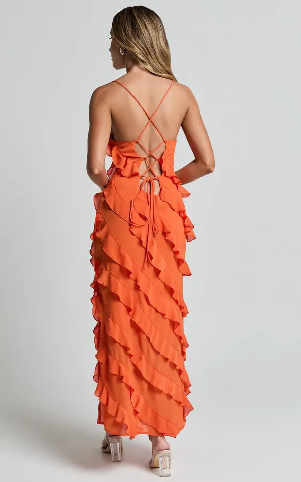 Showpo Arnie Midi Dress 8211 Strapless Ruffle Detail Slip Dress In Orange Women Dresses