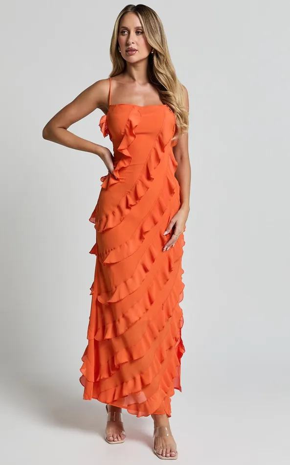 Showpo Arnie Midi Dress 8211 Strapless Ruffle Detail Slip Dress In Orange Women Dresses
